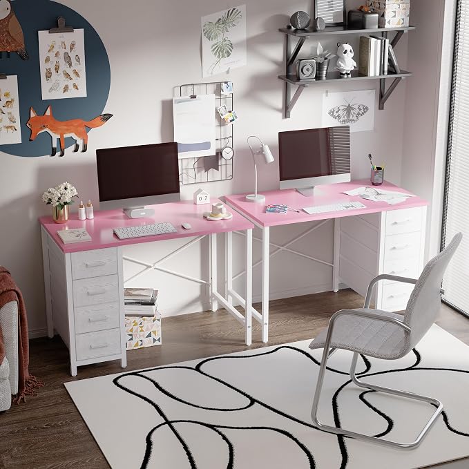 Pamray 32 Inch Computer Desk with 4 Drawers Small Office Desk for Home Bedroom Study Writing Simple Modern Computer Table Pink - Image 4