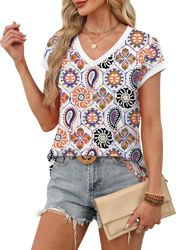 WIHOLL Womens Summer Tops 2026 Cap Short Sleeve Shirs V Neck T Shirts Fashion Beach Vacation Clothes Color Block - Image 4