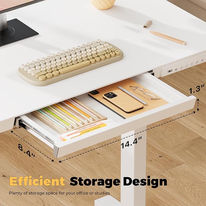 32" Electric Standing Desk with Drawer, Rolling Laptop Desk | Height Adjustable Quick Install One-Piece Tabletop with USB Charging Ports, Sit Stand Computer Desk for Small Space, White - Image 2