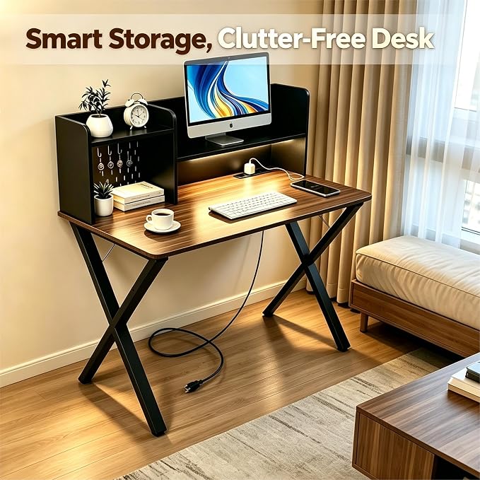 Lightdot 44" ×24" Black Home Office Computer Desk with Charging Ports, Study Gaming Desk with Hutch Pegboard & Motion Sensor Light, Student Writing Desk with Storage for Home Office Bedroom - Image 7