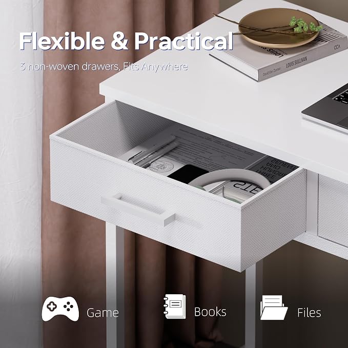 Pamray 47 Inch Small Computer Desk with 3 Drawers for Bedroom Study Writing Home Office Table for Small Spaces White - Image 4