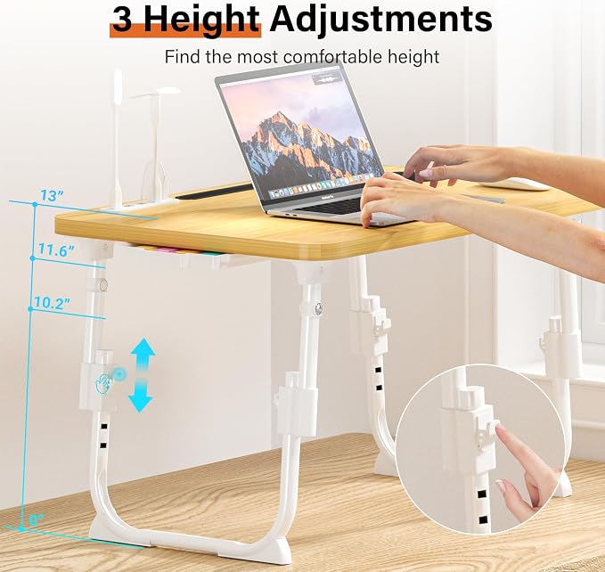 Lap Desk for Bed, Adjustable Laptop Desk with USB Charging Port, Storage Drawer & Bookshelf — Foldable Bed Desk for WFH & Students, 23.6" Desktop Fits 22" Laptop, Non-Slip, Wood - Image 2