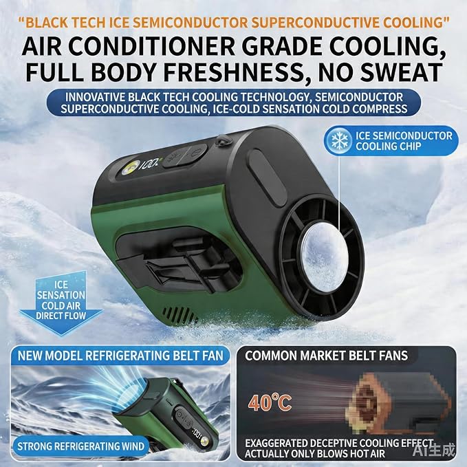 Portable Wearable Waist Fan,with Ice Cooler & Flashlight,10000mAh Rechargeable Clip On Belt Cooling Fan, 100-Speed 16000RPM Personal Body Fan,20H Work Time for Camping,Outdoor,Jobsite(Green) - Image 4