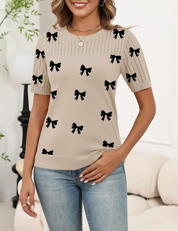 Zeagoo Women's Short Sleeve Sweater Tops 2026 Spring Summer Crew Neck Hollow Out Blouses Dressy Business Casual Outfits - Image 2