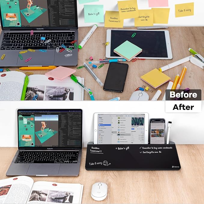 Varhomax Glass Desk Whiteboard with Storage, Desktop Organizer to-do List Memo Notepad Dry Erase White Board for Home Office and School Supplies (Gray&Black) - Image 3