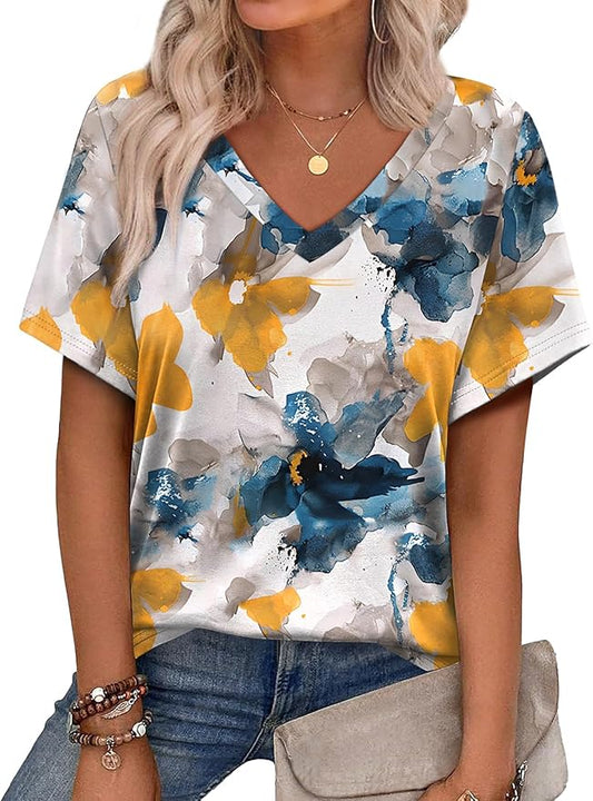 Alaroo Womens Summer Tops 2026 V Neck Short Sleeve Shirts Trendy Dressy Casual Vacation Outfits Printed by Alaroo