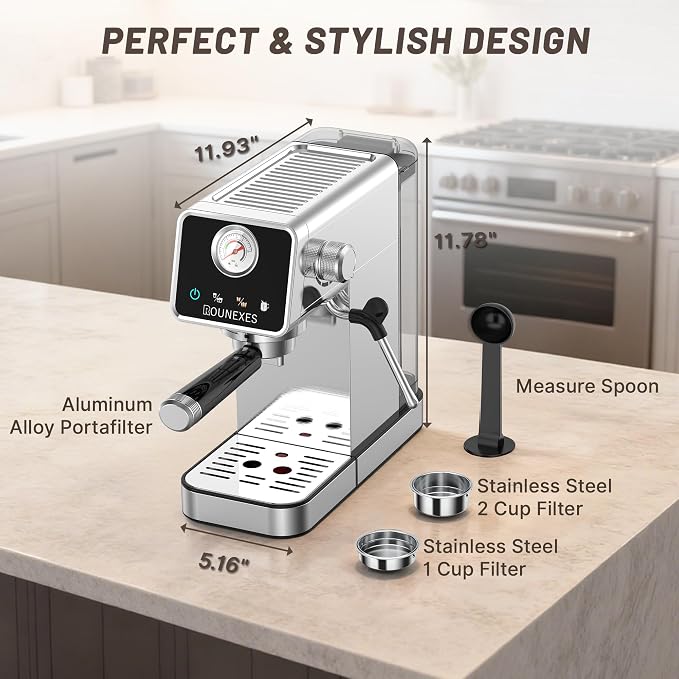 20 Bar Espresso Machine, Semi-Automatic Espresso Machine with Milk Frother, Compact Espresso Coffee Maker For Café-Quality Lattes and Cappuccinos at Home & Office, Silver - Image 7