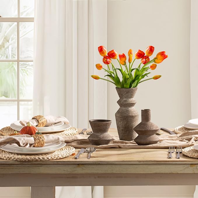 Ceramic Vase Home Table Decor - Brown Flower Vase Set of 3 Living Room Kitchen Decorations Farmhouse Modern Rustic Vases Decorative Centerpiece for Shelf Bedroom Office Bathroom Dining Coffee Desk - Image 3