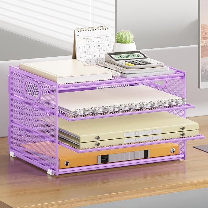 Subekyu Paper Letter Tray Organizer for Desk, Purple Metal Mesh Desk File Sorter Organizer with Handle and 2 Sliding Trays for Home Office School Supplies Organization - Image 2