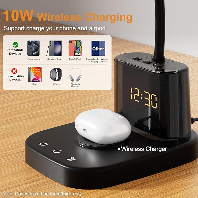 10W Wireless Charging LED Desk Lamp with Clock, Light Black | CRI 95, 800LM, Stepless Dimming, 3 Modes, 360°Flexible Arm, Touch, Study Table Lamp for Home Office, Dorm Room, with Adapter - Image 3