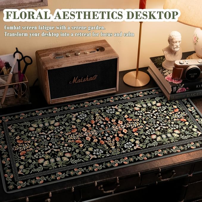 iCasso Floral Desk Mat,Mouse Pad for Office Decor,35.4x15.7in,Black | Back to School Desk Pad Mat, Anti-Slip Big Mousepad with Stitched Edges for Computer Desktop,Smooth Water-Resistant - Image 6