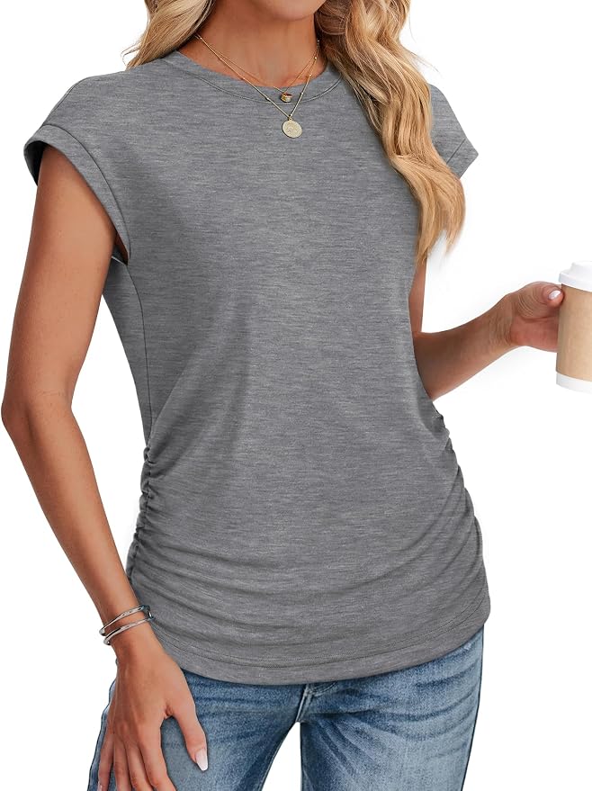 Sampeel Womens Summer Tops Trendy 2026 Ruched Cap Short Sleeve Tshirts Shirts Crew Neck T Shirts Fashion - Image 3