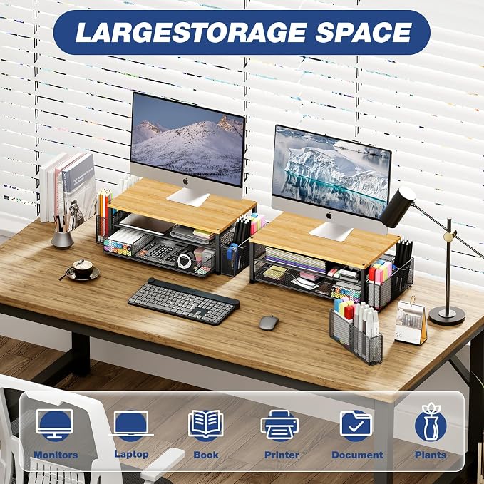 OPNICE Desk Organizers and Accessories, 2-Tier Computer Monitor Stand with Drawer and 2 Pen Holders, Laptop Stand, Office Desk Accessories for Office Supplies, Oak - Image 4