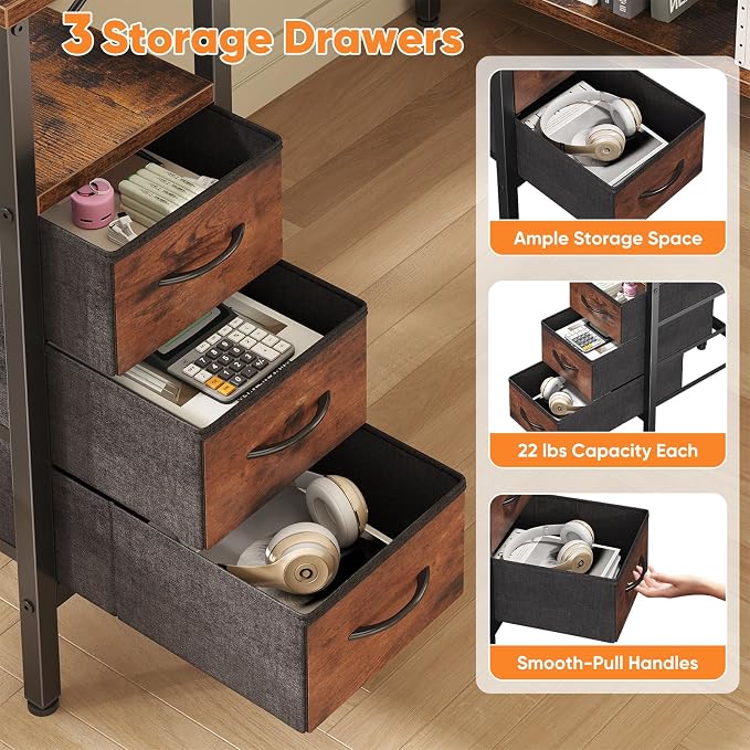 DUMOS L Shaped Desk with Drawers, Gaming Desk, 47 Inch | Power Outlet, Study Table, Adjustable Shelves, Home Office, Corner Computer Workstation, Bedroom, Brown - Image 5