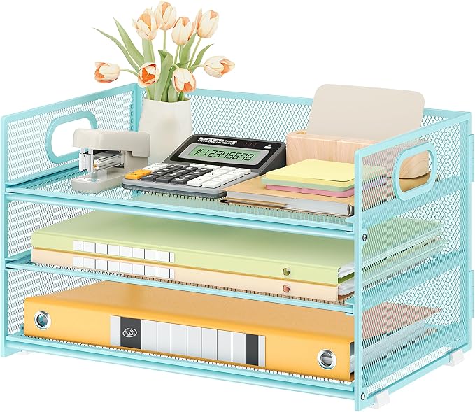 Subekyu 3 Tier Paper Desk Organizer with Handle and 1 PC Slideable Letter Tray, A4 Paper File Folder Sorter Metal Mesh Organizer for Home Office School Desk Supplies Organization Storage, Blue by SUBEKYU
