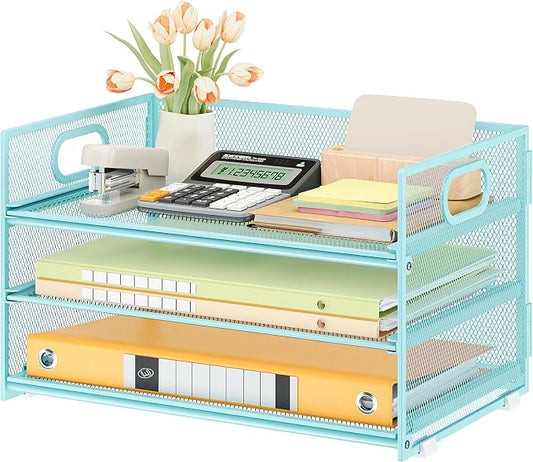 Subekyu 3 Tier Paper Desk Organizer with Handle and 1 PC Slideable Letter Tray, A4 Paper File Folder Sorter Metal Mesh Organizer for Home Office School Desk Supplies Organization Storage, Blue by SUBEKYU