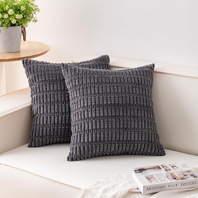 Aegero Pack of 2 Corduroy Decorative Throw Pillow Covers 24x24 InchSoft Striped Pillow Covers Modern Farmhouse Home Decor for Sofa Living Room Couch Bed（Dark Grey） by Unknown