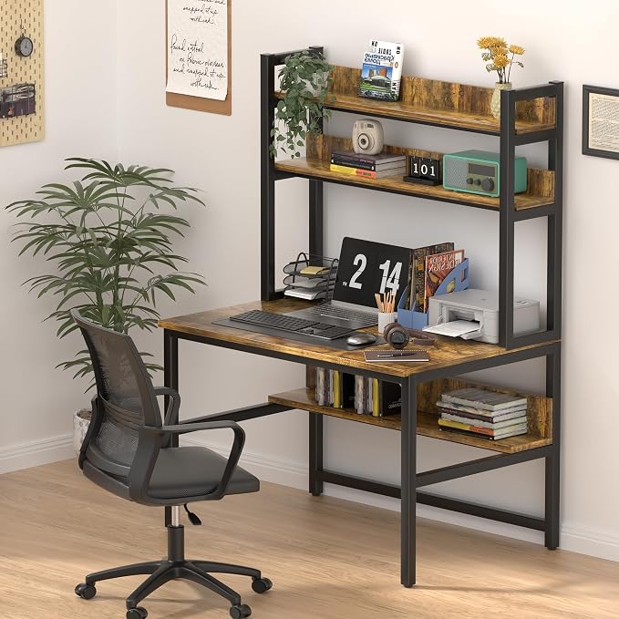 Aquzee Computer Desk with Hutch, 47“W x 23.6" D Desk with Shelves, Tall Home Office Desk with Bookshelf, Metal Legs Study Table with Upper Storage Shelf for Study Writing/Workstation - Image 2