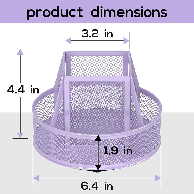 YINGHUA Metal Mesh Desk Organizer with 5 Compartments and Rotating Pencil Holder Pen and Stationery Organizer for Office Home School Anti Slip Base Purple - Image 2