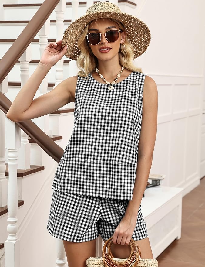 LOMON Women's Trendy 2 Piece Outfits Shorts Sets Summer Crew Neck Sleeveless Tank Top and Bottom Matching with Pockets 2026 - Image 2