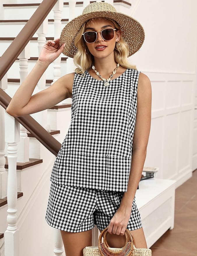 LOMON Women's Trendy 2 Piece Outfits Shorts Sets Summer Crew Neck Sleeveless Tank Top and Bottom Matching with Pockets 2026 - Image 2
