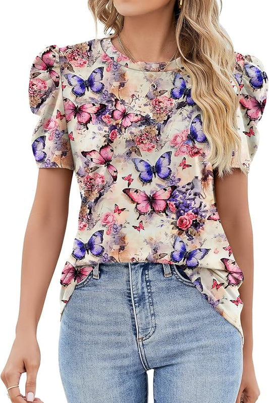 Ivicoer Puff Short Sleeve Shirt for Women Eyelet Tops Summer Crewneck Blouse Loose Fit S-XXL by Ivicoer