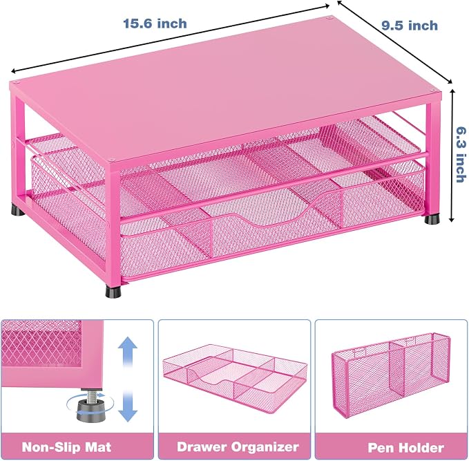 OPNICE Desk Organizer and Accessories, 2-Tier Computer Monitor Stand with Drawer and 2 Pen Holders, Laptop Stand, Office Desk Accessories for Office Supplies, Carmine Rose - Image 2