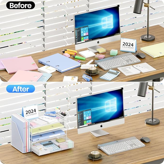 OPNICE Desk Organizer, 4-Tier Desktop File Organizer with Drawer and Pen Holders, Office Desk Accessories, File Sorters, Workspace Organizers for Office Supplies(White) - Image 5