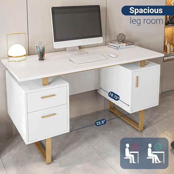 Techni Mobili Storage Drawers and Cabinet 51.25” W-Modern Office Large Floating Desktop Surface Desk, 23.6" D x 51.2" W x 29.8" H, White/Gold | Home office workstation, durable construction, everyday productivity, Ideal for home office, Workspace organ... - Image 6
