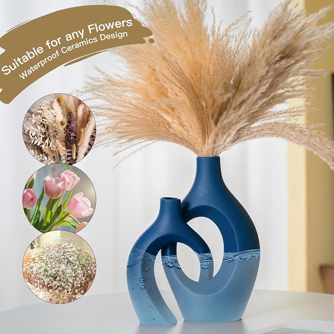 Lvases Blue Snuggle Hollow Ceramic Vase Minimalist Decorative Vases of 2 | 11 Inch Nordic Boho Decor Home Flower Vases for Living Room Coffee Table, Bookshelf Mantle & Entryway Pampas Grass Display - Image 3