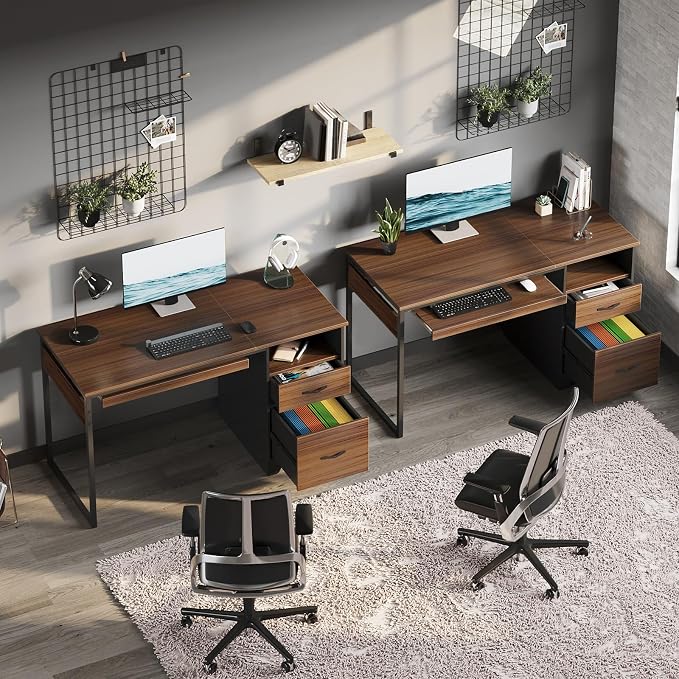 Bestier 48” Computer Desk with Drawers, Office Desk with Storage, Industrial Wood Writing Desk with File Drawer, Keyboard Tray & 2 Hooks for Home Office & Studio, Cherry - Image 8