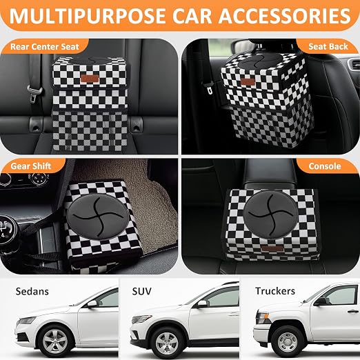 Vankor Car Trash Can Bin with Lid Hanging for Back Seat, Car Accessories for Women Men Leak Proof Automotive Garbage Cans Leakproof Vehicle Trash Can for Truck SUV,Black White Checkered - Image 5