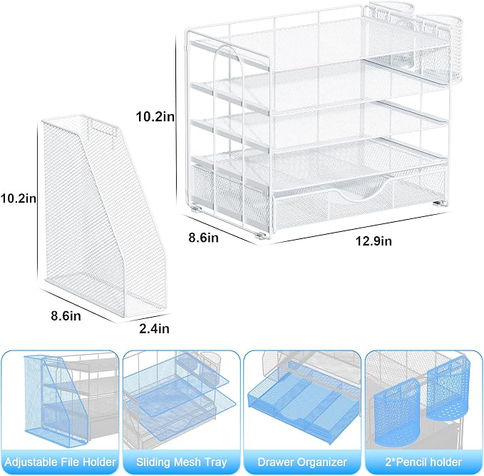 gianotter 5-Tier Desk Organizer with Drawers and File Holders | Letter Trays and Pen Holders - Workspace Accessories for Office Supplies (White) - Image 5
