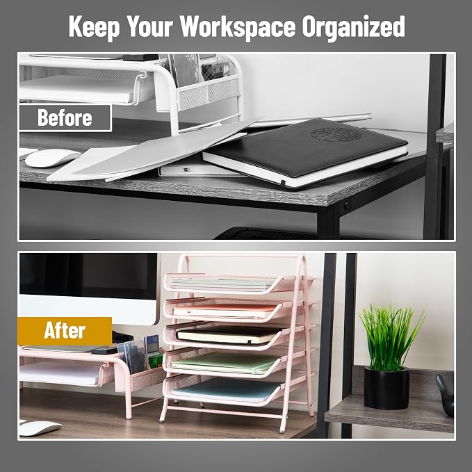 Mind Reader 5-Tier Paper Tray Organizer, Vertical Desktop File Storage Rack, Office, Metal Mesh, Pink - Image 5