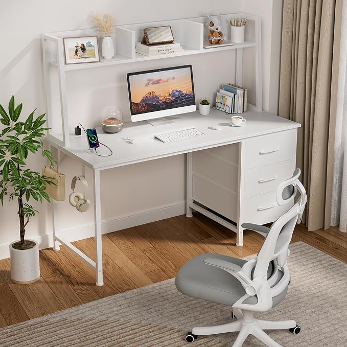 DLisiting White Computer Desk with Hutch & Drawers - 47 Inch Modern Study Writing Office Desk with 3 Storage Drawers and Power Outlets for Bedroom Home Office - Image 2