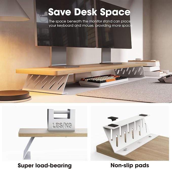 Fenge Dual Monitor Stand Riser, 42.5 Inch Desk Top Shelf for 2 Monitors, Computer Stands for Desk, Wood & Steel Desktop Riser for Laptop, PC, Printer - Image 6