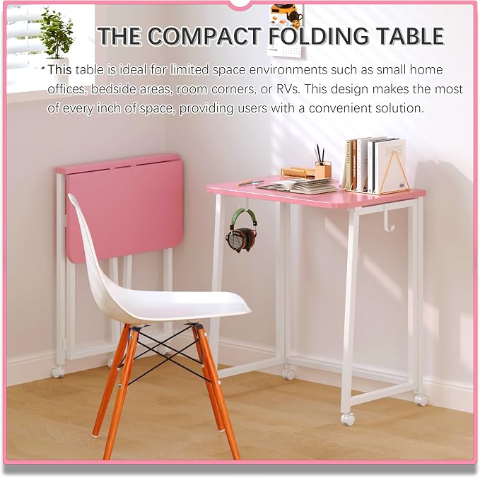 4NM 23.6" Mobile Small Folding Desk, Foldable Rolling Computer Home Office Desk, Study Writing Table for Small Space Saving Bedroom, with Wheels - Pink and White - Image 3