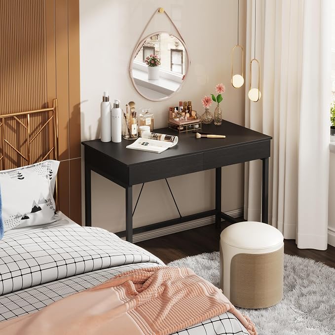 Mexin Small Black Desk with 2 Wooden Drawers, 40 Inch Home Office Writing Desk, Black Vanity Desk with Storage, Computer Desk for Bedroom Small Spaces, Table for Office, Work, Kids Study, Makeup - Image 6