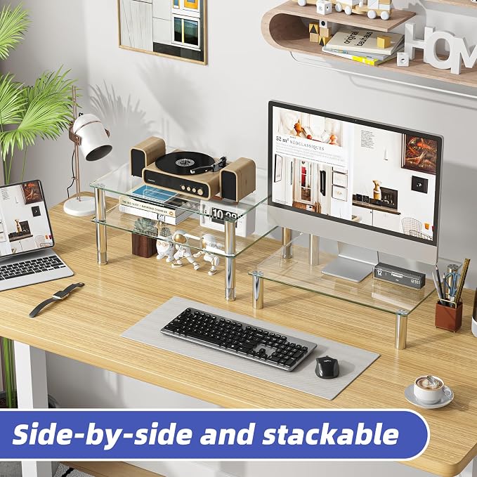 Simple Trending 2-Pack Tempered Glass Monitor Stand, Adjustable, Clear | 14.25"L x 9.5"W, height 3.5"-5", tilt 0-15°. Holds 88 lbs, impact/heat resistant. Stainless steel feet. Easy assembly. - Image 2