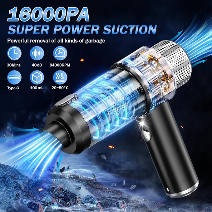 KMM Handheld Car Vacuum Cleaner, 16000PA Hand Held Vacuum Portable Cordless, 2 in 1 Air Duster and Vacuum Cleaner with LED Light, Multi-Nozzles, 120W High Power Mini Vacuum for Home, Pet, Office - Image 3