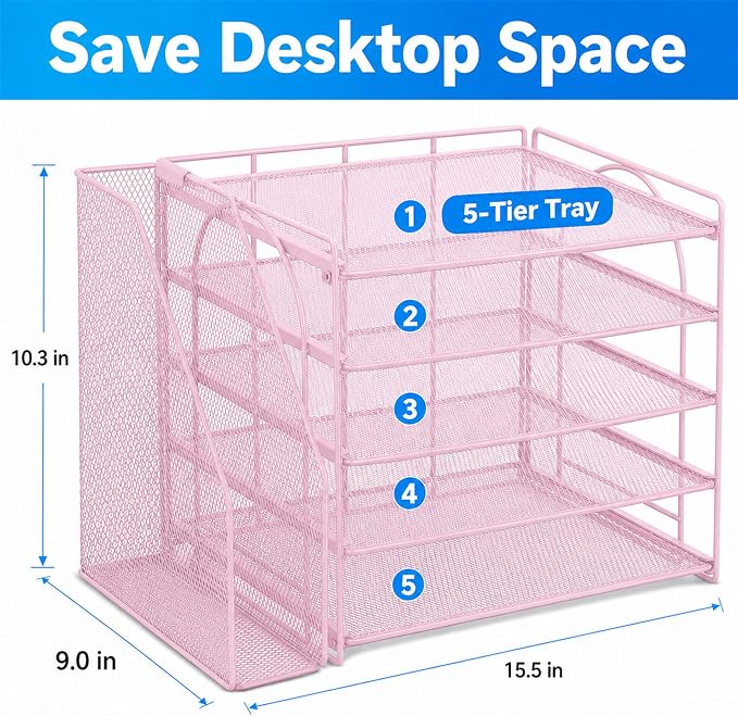 OPNICE Desk Organizer, 5-Tier Paper Organizer Letter Tray with Magazine Holder, Office Desk Accessories & Workspace Organizers, Desktop File Organizer for Office Supplies Storage, Pink - Image 3