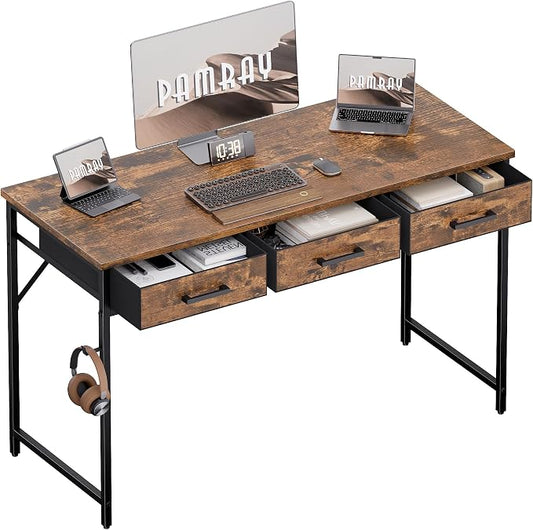Pamray 47 Inch Small Computer Desk with 3 Drawers for Bedroom Study Writing Home Office Table for Small Spaces Vintage by PAMRAY