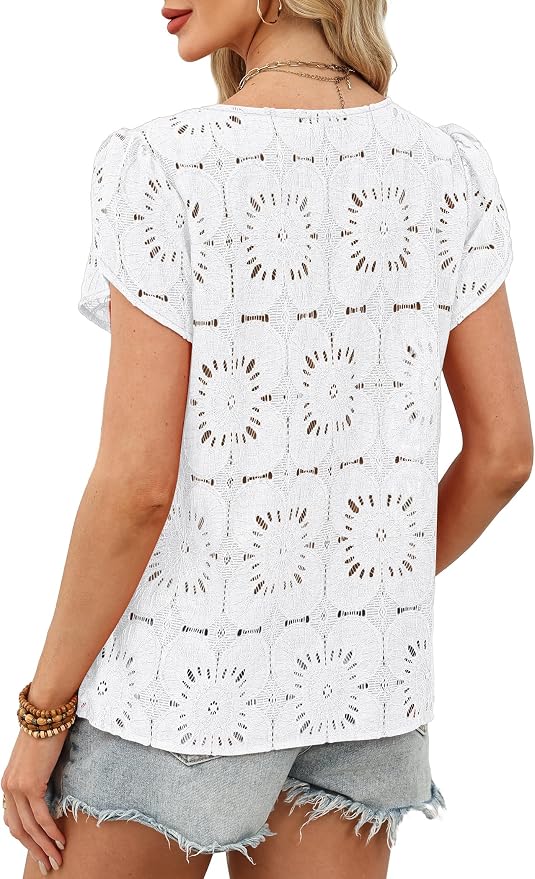 OFEEFAN Blouses for Women Dressy Casual Petal Short Sleeve Shirts Crochet Lace Boho Tops Spring Fashion Summer Outfits - Image 5