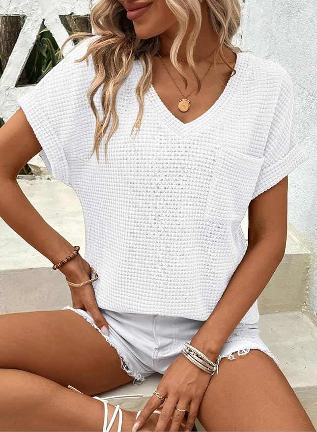 Dokotoo Womens Waffle Knit Tops 2026 Spring Summer V Neck Shirts Casual Trendy Women's Blouses Basic Tee - Image 3