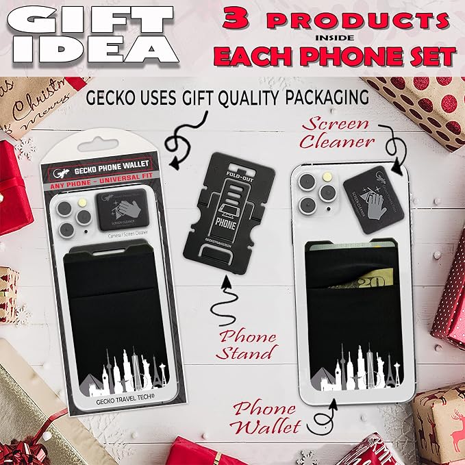 Gecko Travel Tech Double Pocket - Adhesive Card Holder - Cell Phone Pouch - Stick on Spandex Pocket - Carry Credit Cards and Cash (Cityscape) - Image 6