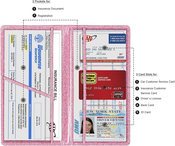 TOURSUIT Car Registration & Insurance Card Holder, Glitter Pink | Vehicle License Document Organizer, Glove Box Compartment, Interior Car Accessories, For Women Men - Image 2