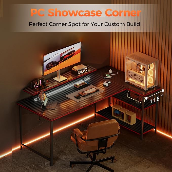 Mericonia 55 in L Shaped Gaming Desk, Large Corner Desk with Monitor Stand | Reversible Computer Desk with Power Outlets, LED Light & Storage Shelves, Office Table for Home Bedroom Study Work Writing - Image 3