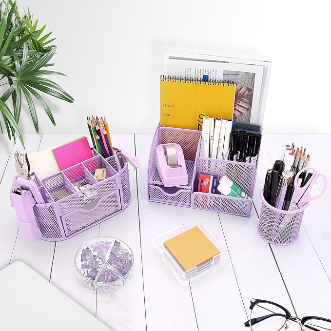 17 in 1 Purple Desk Organizers and Accessories Set, 3 Office Desk Supplies Storage Organization, 4 Pens, Stapler, Staples & Remover, Tape & Dispenser, Scissors, Ruler, Clips, Hole Punch Back to School - Image 6