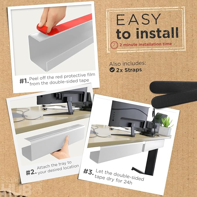 No-Screw Under Desk Cable Management Tray - Self-Adhesive Installation, Cord Management, Cable Tray, Under Desk Wire Organizer - White Set of 2 - Image 3