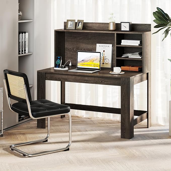 Giantex Computer Desk with Hutch, Modern Home Office Desk with Power Outlets, Storage Shelves & Cable Hole, Makeup Vanity Table, Study Writing Desk for Bedroom Office Small Space (Grey Oak) - Image 2